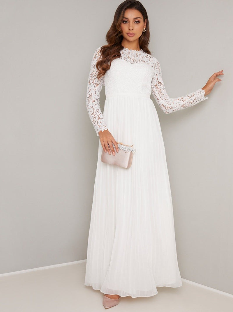 Long Sleeved Lace Detail Pleat Maxi Dress in White