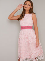 Crochet Lace Overlay Midi Dress in Pink
