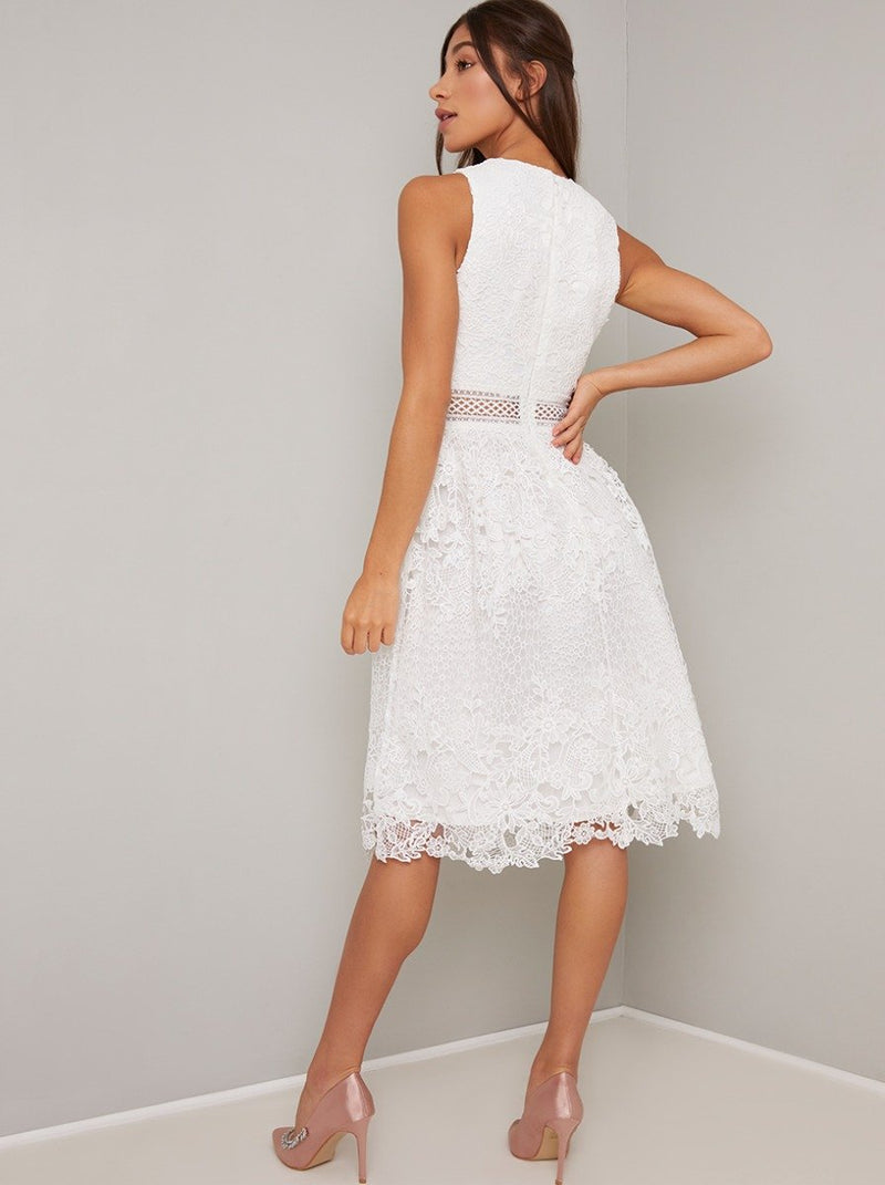 Lace Crochet Midi Dress in White