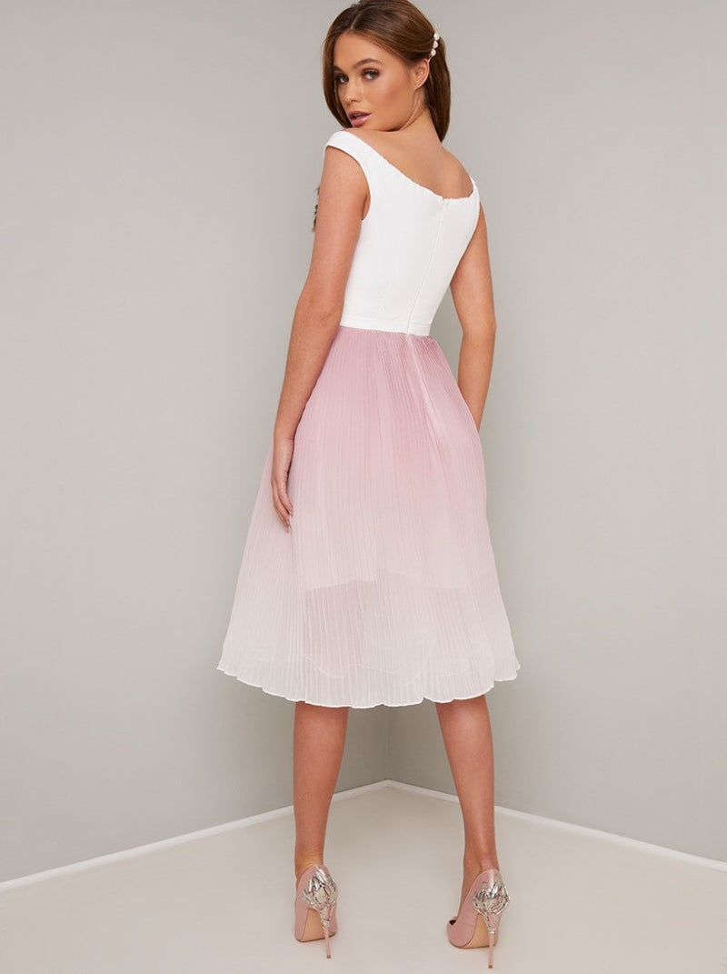 Pleated Ombre Midi Dress with Bardot Neckline in Pink