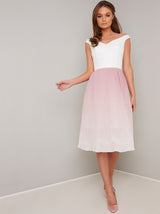 Pleated Ombre Midi Dress with Bardot Neckline in Pink