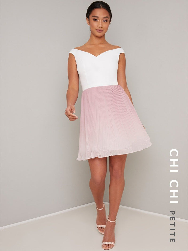 Petite Bardot Ombre Pleat Mini Dress in Mink