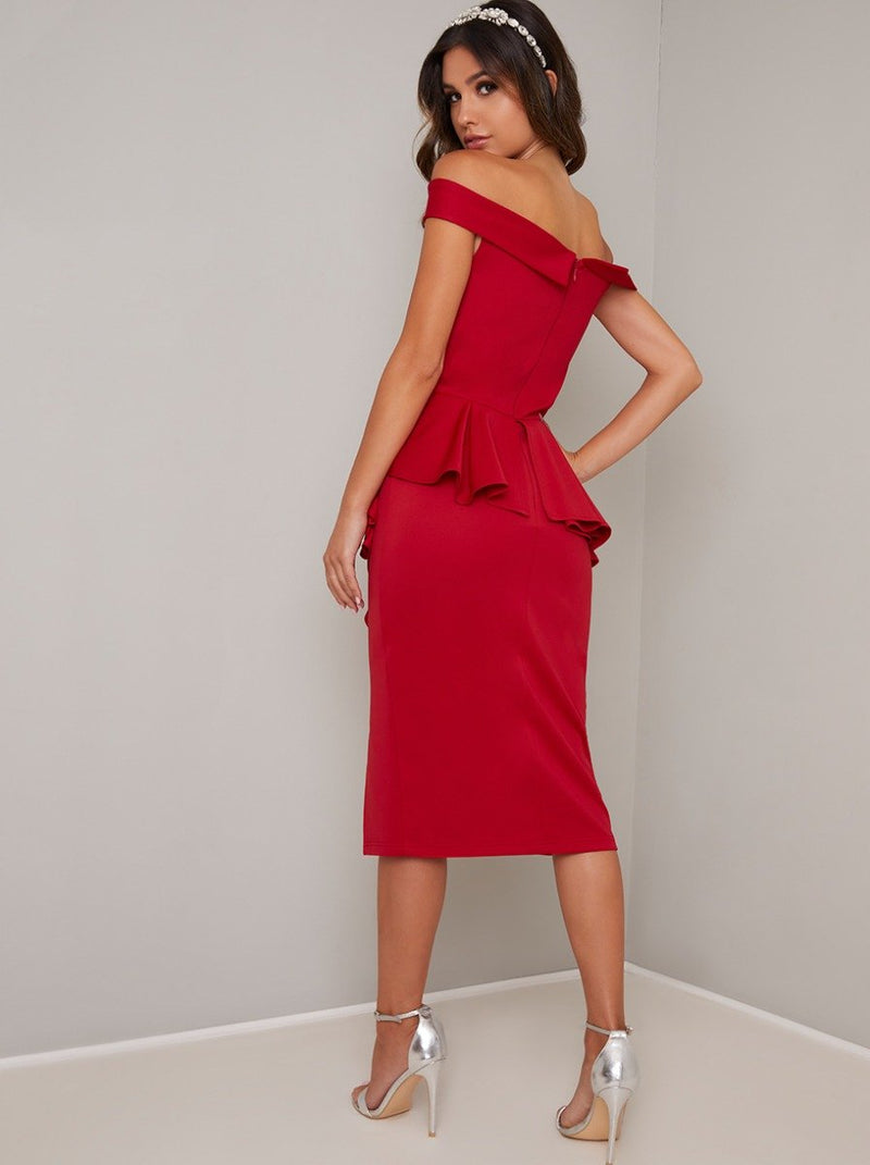 Fitted Bodice Peplum Design Bodycon Dress in Red
