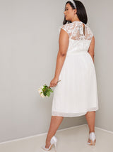 Plus Size Cap Sleeve Lace Detail Midi Dress in White