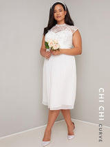 Plus Size Cap Sleeve Lace Detail Midi Dress in White