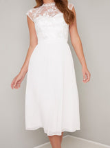 Lace Overlay Bodice Midi Dress in White