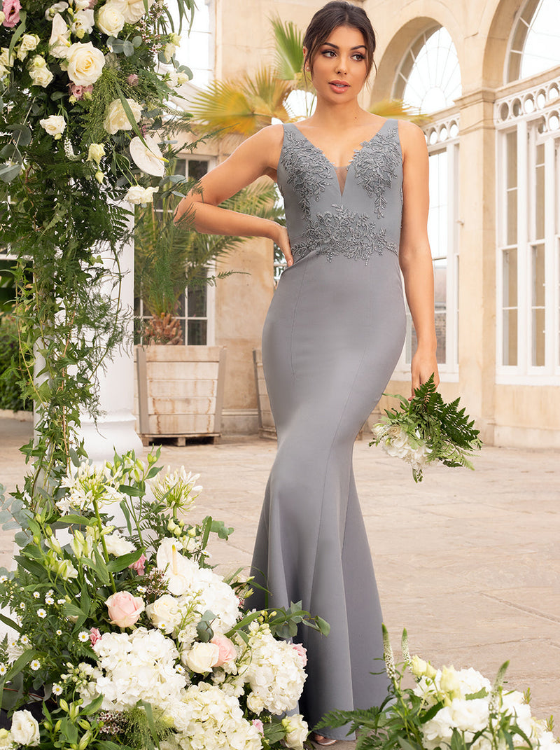 Lace Bodice Maxi Evening Dress in Grey