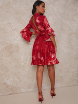 Floral Print Flare Sleeve Pleated Midi Dress in Red
