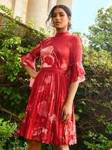 Floral Print Flare Sleeve Pleated Midi Dress in Red