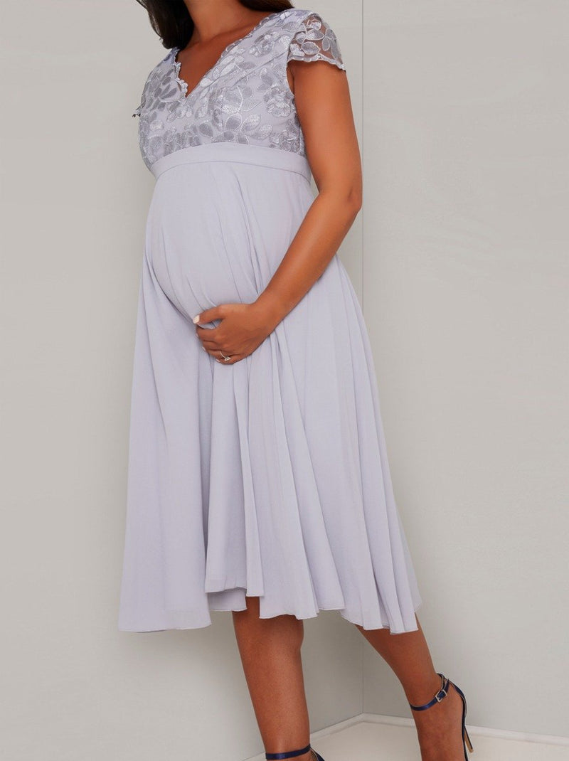 Maternity Lace Cap Sleeved Midi Dress in Blue