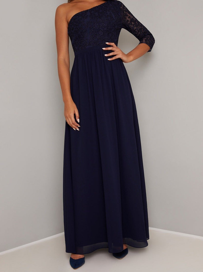 Embroidered Bodice A-Symetric Maxi Dress in Blue