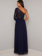 Embroidered Bodice A-Symetric Maxi Dress in Blue