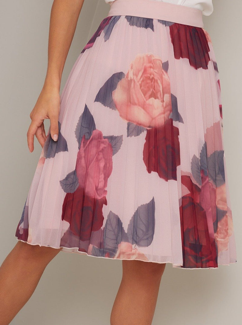 Printed Floral Print Pleat Knee Length Skirt in Pink