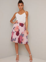 Printed Floral Print Pleat Knee Length Skirt in Pink