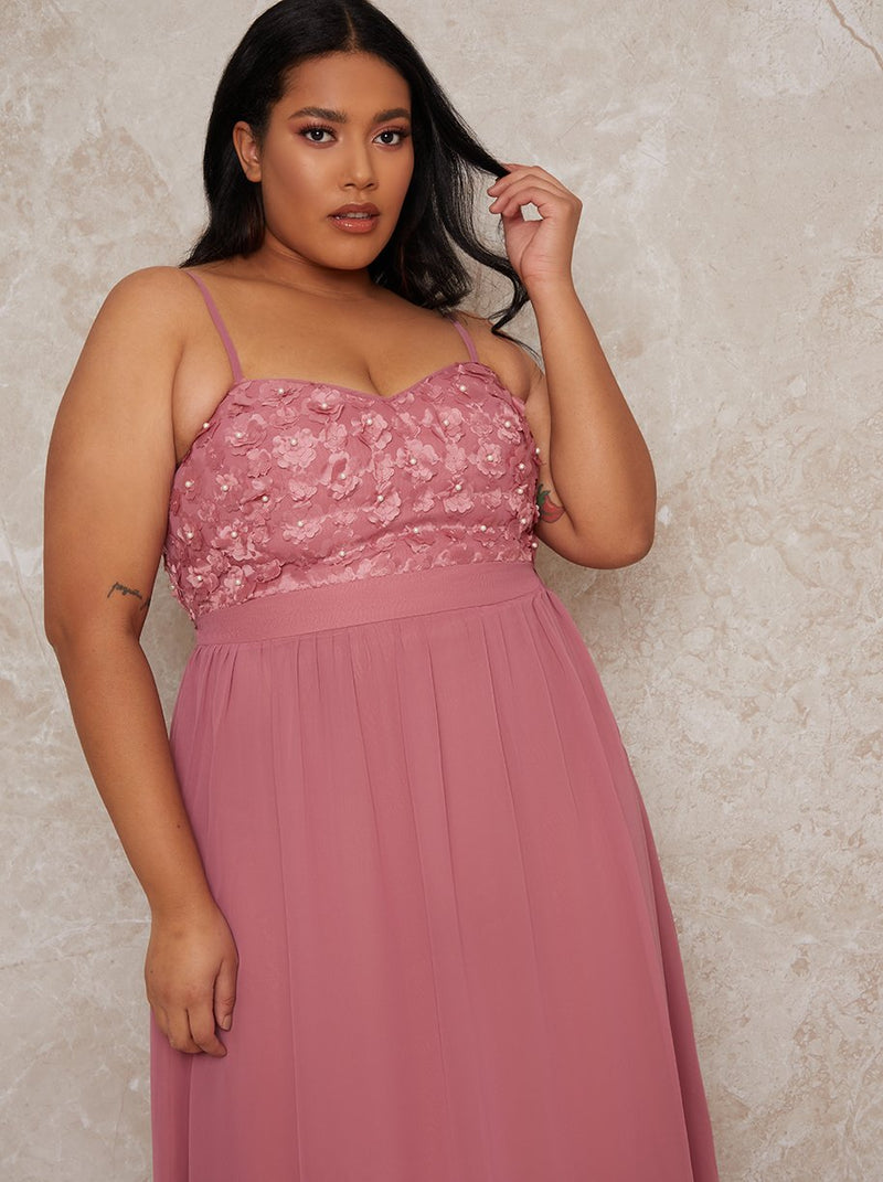 Plus Size Cami Strap 3D Floral Bodice Maxi Dress in Pink