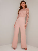 Long Sleeved Lace Bodice Flare Jumpsuit in Pink