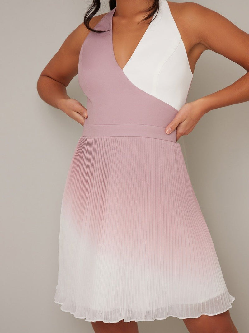 Petite Ombre Halter Neck Pleated Mini Dress in Pink
