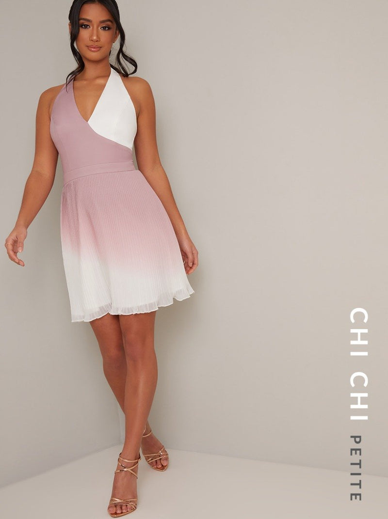Petite Ombre Halter Neck Pleated Mini Dress in Pink