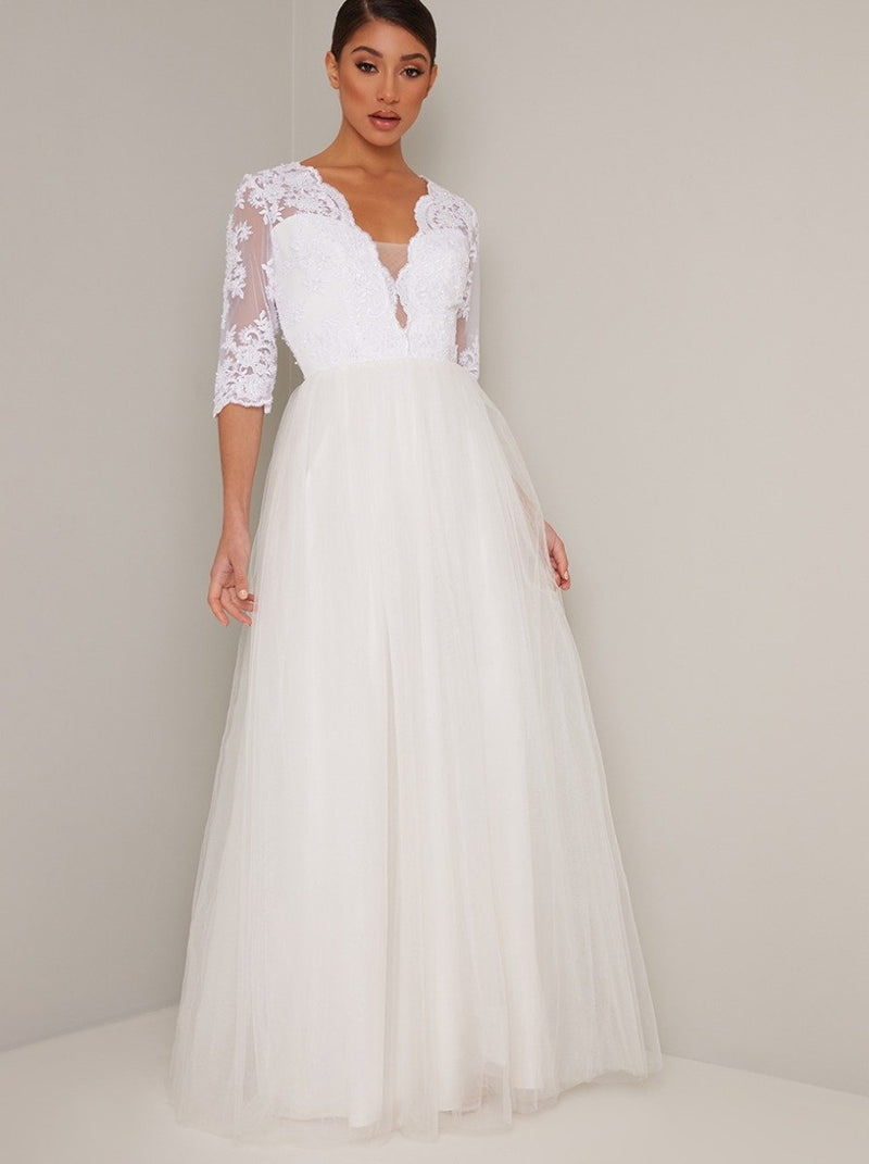 Bridal Sheer Sleeved Embroidered Wedding Dress in White