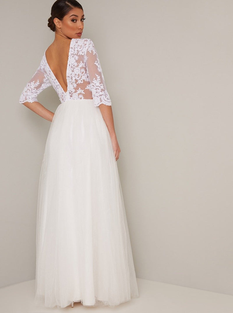 Bridal Sheer Sleeved Embroidered Wedding Dress in White