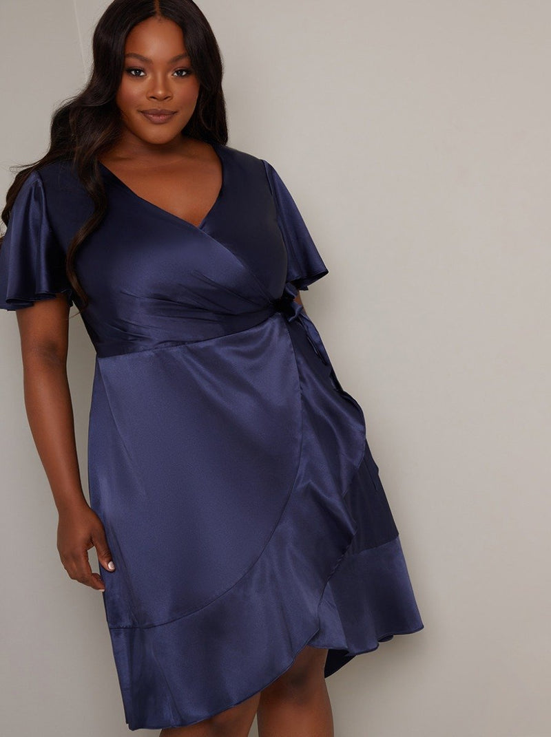 Plus Size Wrap Style Silky Frill Midi Dress in Blue