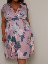 Plus Size Print Wrap Style Bodice Midi Dress in Pink