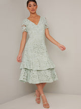 Short Sleeved Crochet Lace Tiered Midi Dress in Green