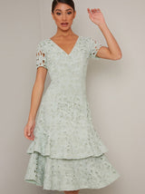 Short Sleeved Crochet Lace Tiered Midi Dress in Green