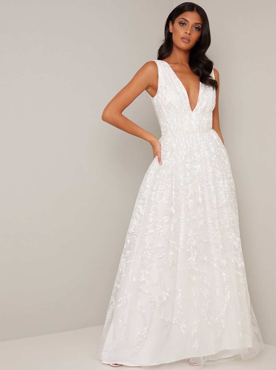 Bridal V Neck Embroidered Wedding Dress in White – Chi Chi London US