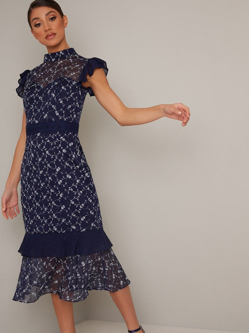 Lace Overlay High Neck Frill Midi Dress in Blue
