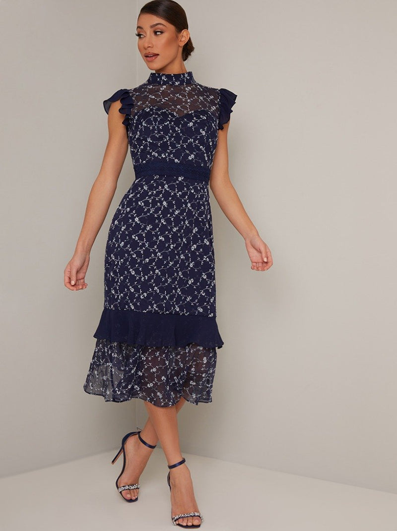 Lace Overlay High Neck Frill Midi Dress in Blue