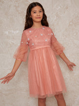 Girls Lace Embroidered A-Line Party Dress in Pink