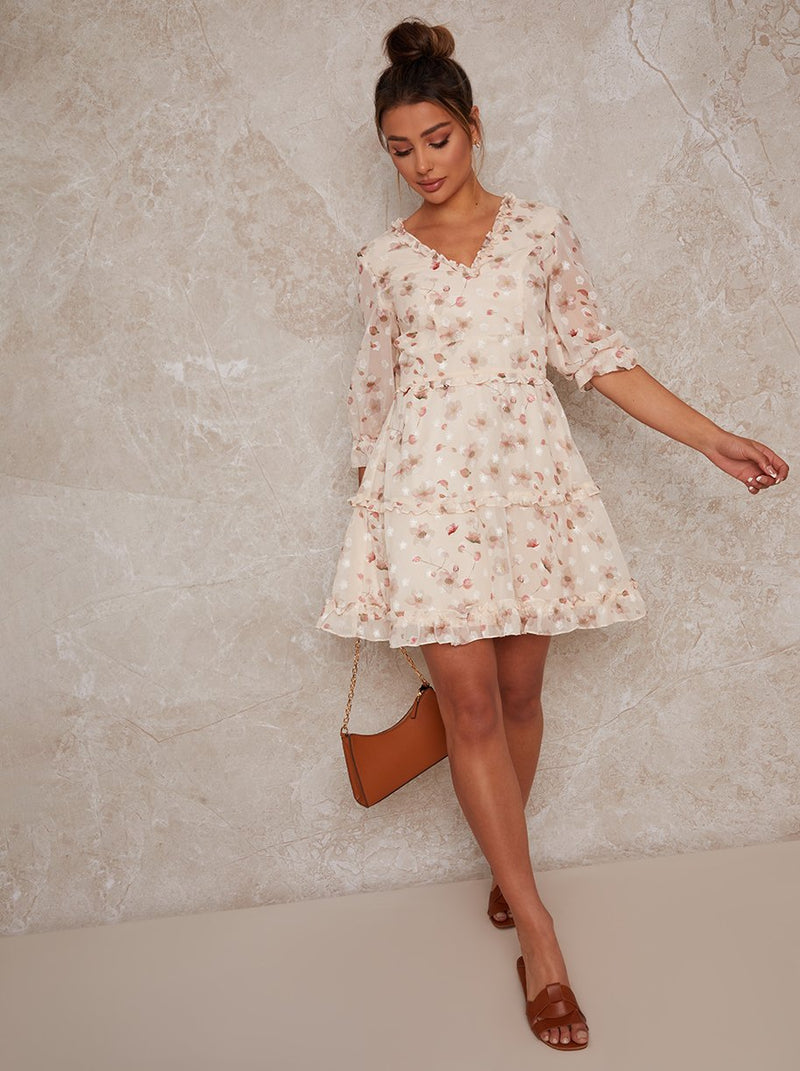 Ruffle Floral Print Mini Day Dress in Cream
