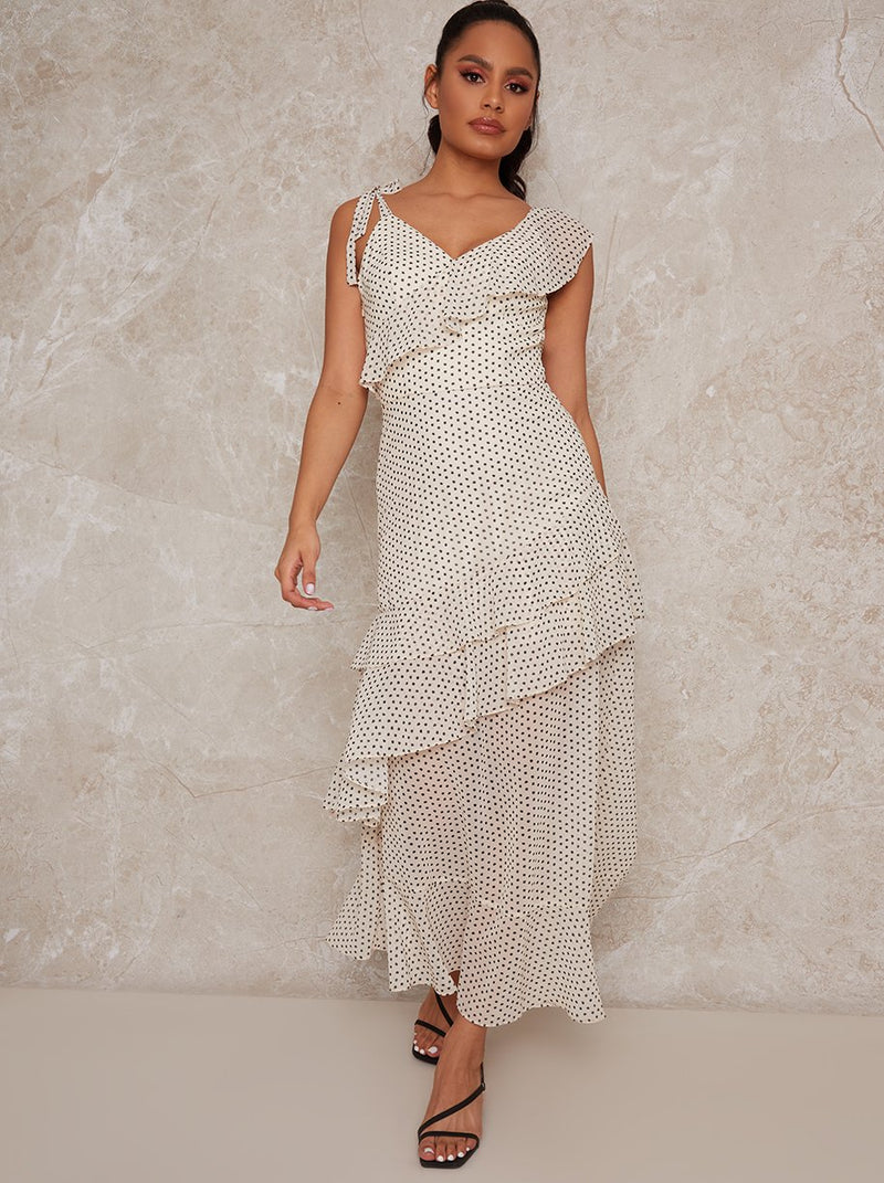 Spot Print Midi Day Dress with Frill Detailing in Cream