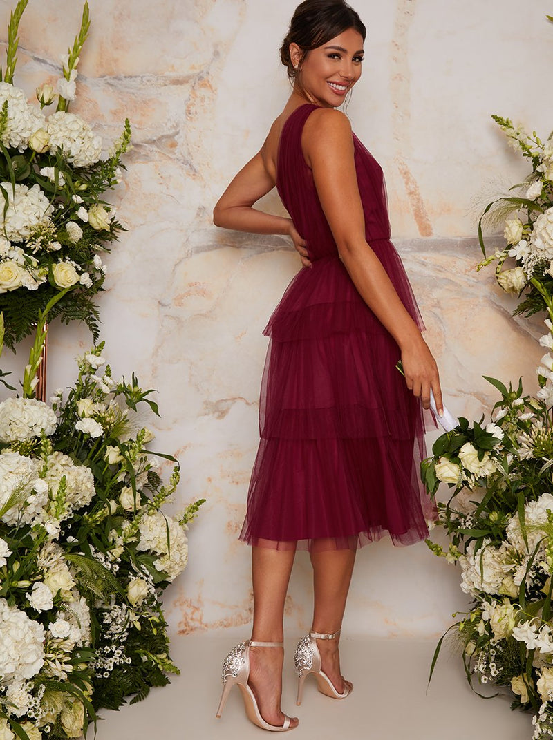 One Shoulder Tiered Tulle Midi Dress In Burgundy