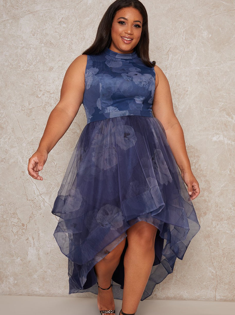 Plus Size High Neck Dip Hem Print Midi Dress in Blue