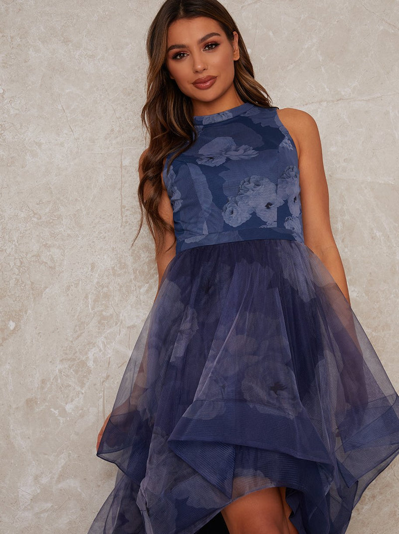 Dip Hem Dress with Floral Print in Blue