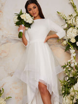 Tulle Dip Hem Bridal Dress with Long Sleeves in White