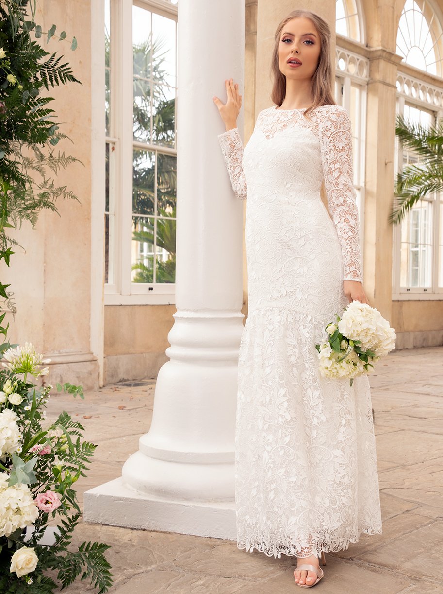 High Neck Long Sleeve Maxi Wedding Dress in White – Chi Chi London