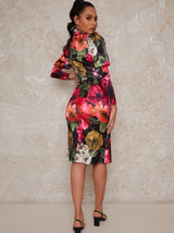 Long Sleeve Floral Puff Shoulder Midi Dress in Multi