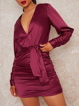 Mini Party Dress with Long Ruched Sleeves in Red