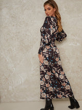 V Neck Smock Sleeve Midi Floral Print Dress in Black