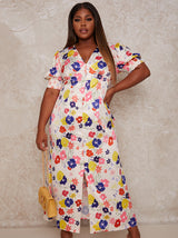Plus Size Floral Print Maxi Day Dress with Puff Sleeve in Multi