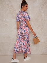 Floral Print Midi Day Dress with Flutter Sleeve in Multi