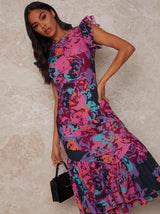 Ruffle Hem Floral Abstract Midi Dress in Multi