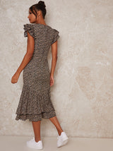 Ruffle Hem Printed Short Sleeve Midi Dress in Multi