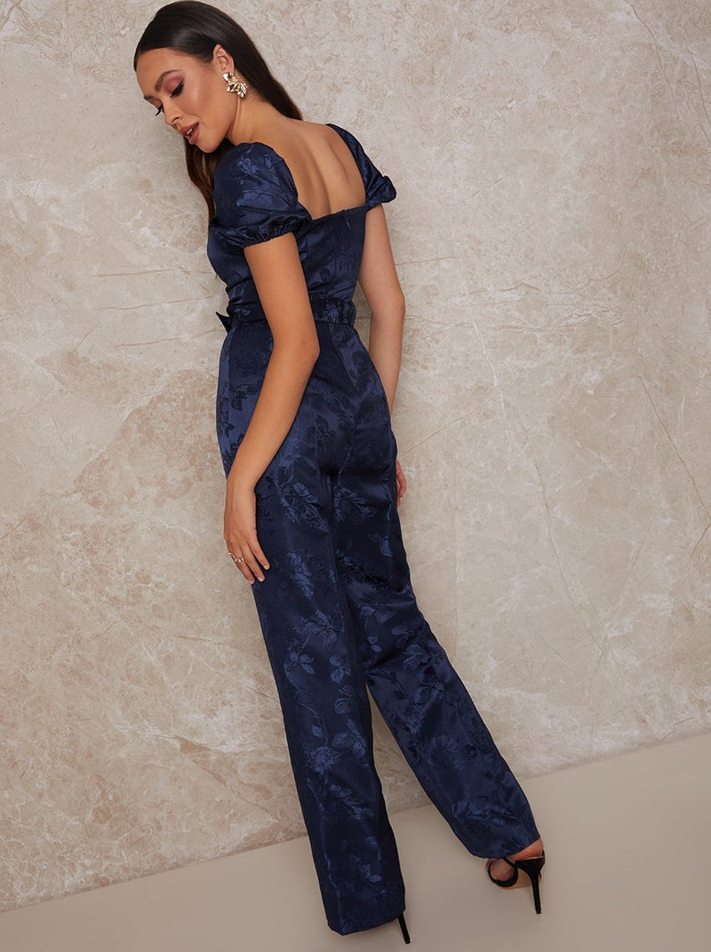 Puff Sleeve Sweetheart Jacquard Jumpsuit In Navy