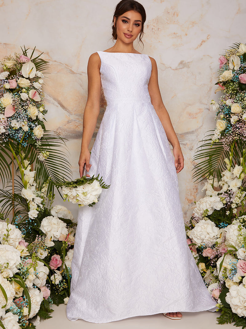 Sleeveless Jacquard Wedding Dress with Train in White