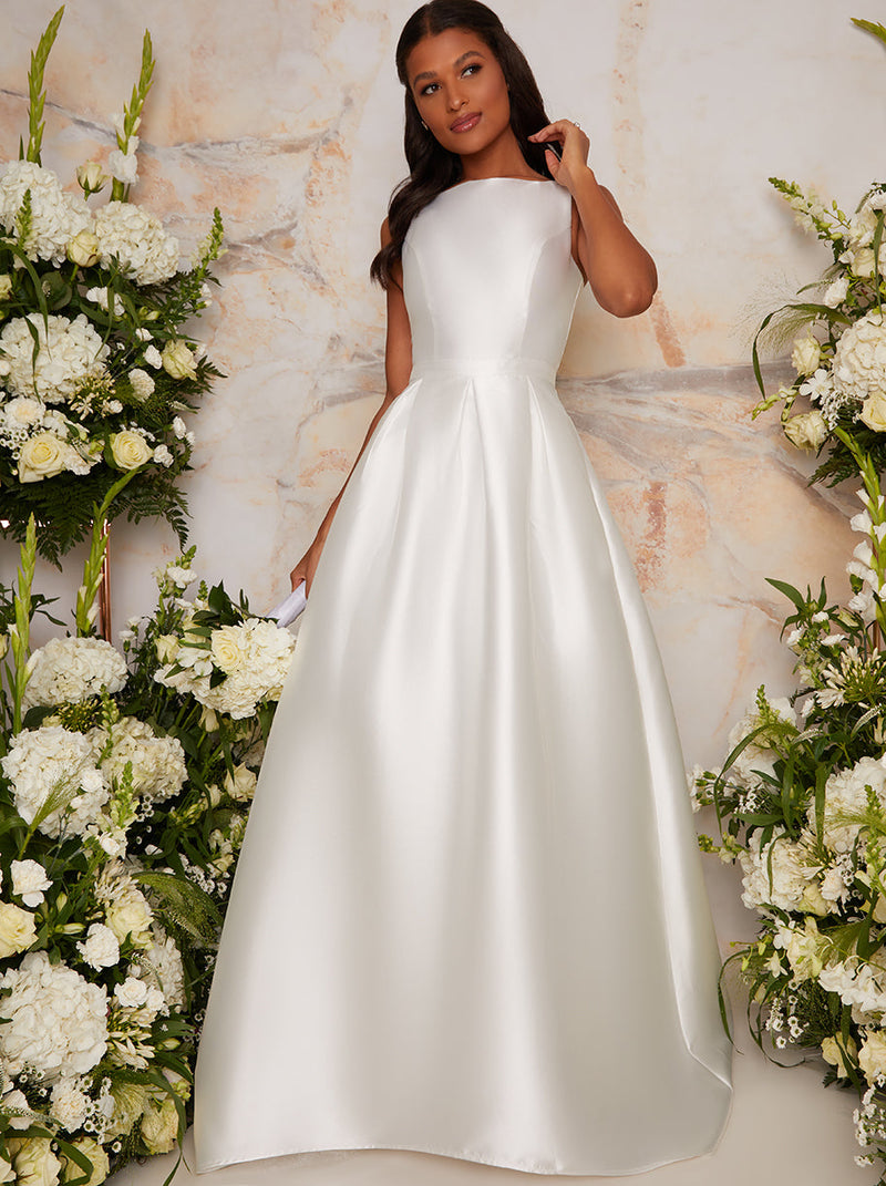 Sleeveless Structured Satin Bridal Dress with Train in White