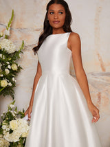 Sleeveless Structured Satin Bridal Dress with Train in White